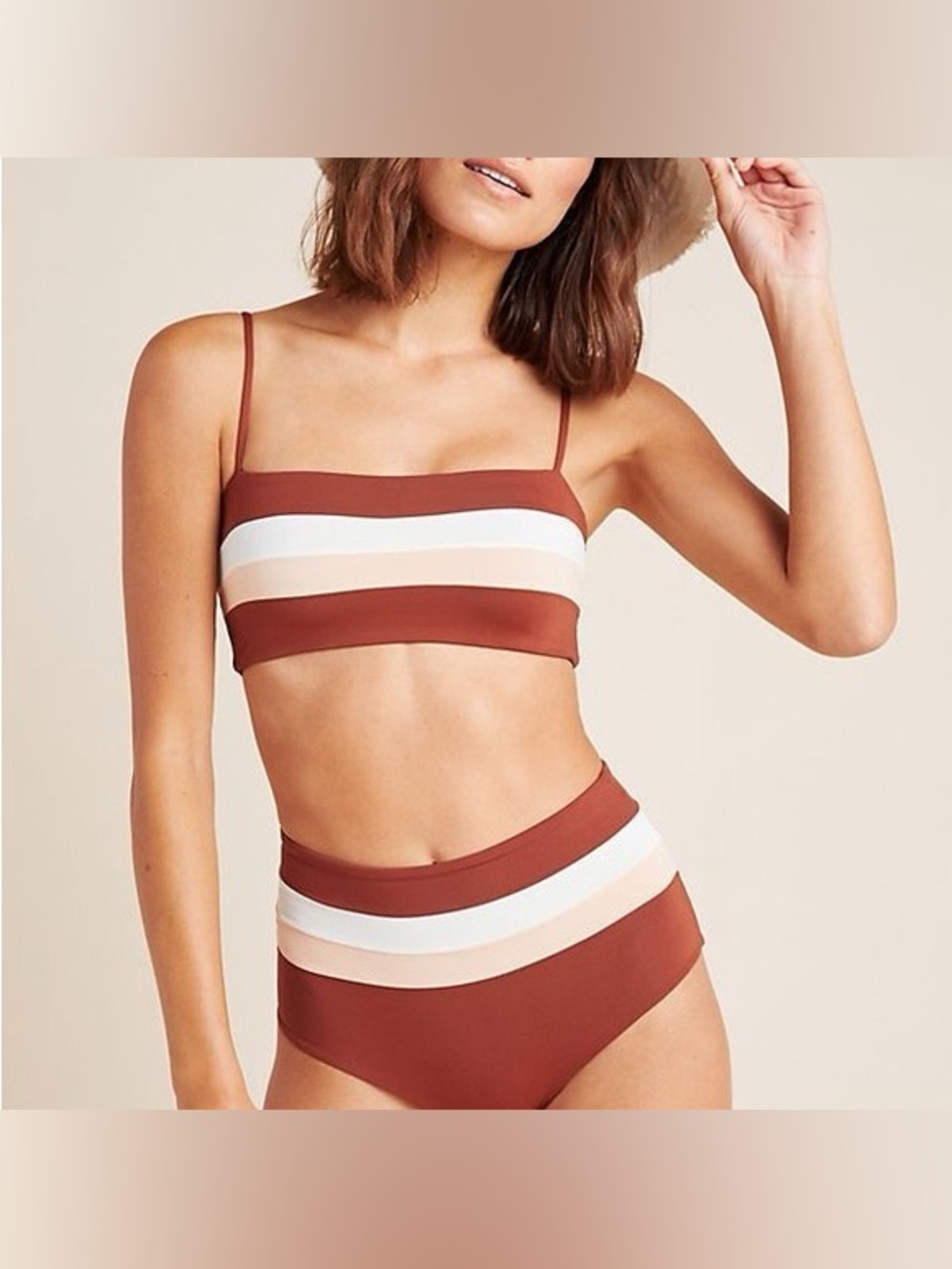 L*Space Rebel Stripe Bikini Set Portia High Waist Bottom Brown Pink White Size L
